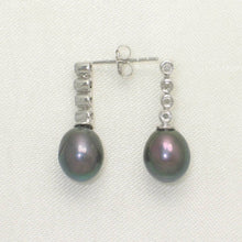 Load image into Gallery viewer, 14k White Gold Diamonds Black Pearl Dangle Stud Earrings
