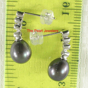 14k White Gold Diamonds Black Pearl Dangle Stud Earrings