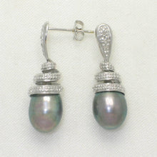 Load image into Gallery viewer, 14k White Gold Diamond &amp; Black Pearl Dangle Stud Earrings