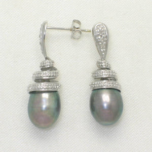14k White Gold Diamond & Black Pearl Dangle Stud Earrings