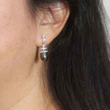 Load image into Gallery viewer, 14k White Gold Diamond &amp; Black Pearl Dangle Stud Earrings