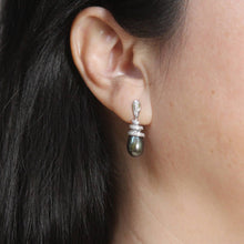 Load image into Gallery viewer, 14k White Gold Diamond &amp; Black Pearl Dangle Stud Earrings