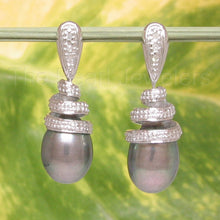Load image into Gallery viewer, 14k White Gold Diamond &amp; Black Pearl Dangle Stud Earrings