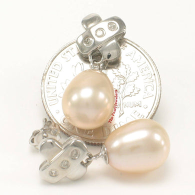 14k White Gold X-Design Diamond & Peach Cultured Pearl Dangle Stud Earrings