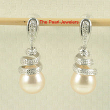 Load image into Gallery viewer, 14k White Gold Diamond &amp; Peach Pearl Dangle Stud Earrings