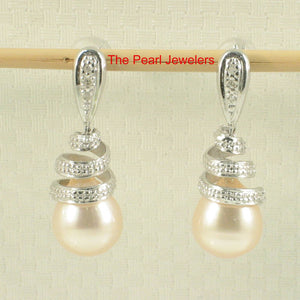 14k White Gold Diamond & Peach Pearl Dangle Stud Earrings
