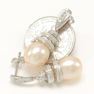 14k White Gold Diamond & Peach Pearl Dangle Stud Earrings