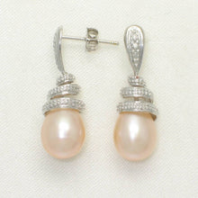 Load image into Gallery viewer, 14k White Gold Diamond &amp; Peach Pearl Dangle Stud Earrings