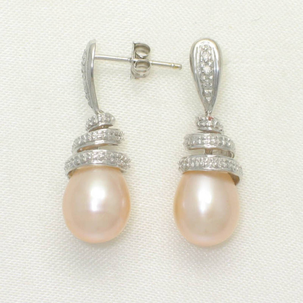 14k White Gold Diamond & Peach Pearl Dangle Stud Earrings
