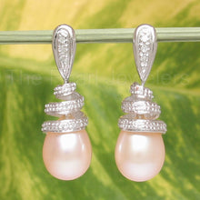 Load image into Gallery viewer, 14k White Gold Diamond &amp; Peach Pearl Dangle Stud Earrings