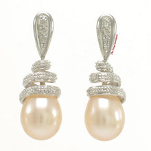 Load image into Gallery viewer, 14k White Gold Diamond &amp; Peach Pearl Dangle Stud Earrings
