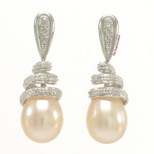 14k White Gold Diamond & Peach Pearl Dangle Stud Earrings