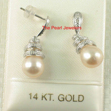 Load image into Gallery viewer, 14k White Gold Diamond &amp; Peach Pearl Dangle Stud Earrings