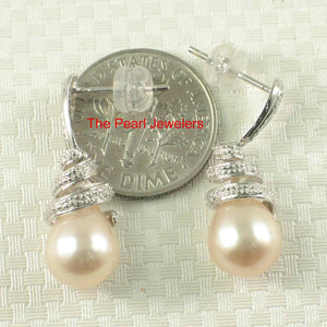 14k White Gold Diamond & Peach Pearl Dangle Stud Earrings