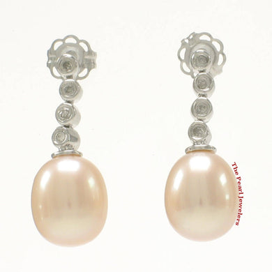 14k White Gold Diamonds Pink Pearl Dangle Stud Earrings