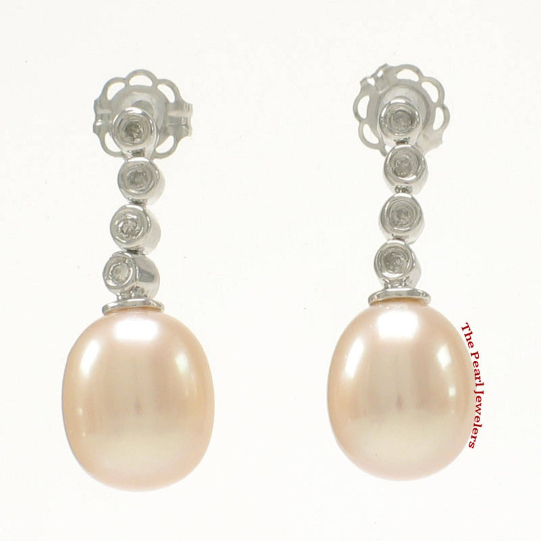 14k White Gold Diamonds Pink Pearl Dangle Stud Earrings
