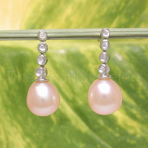 14k White Gold Diamonds Pink Pearl Dangle Stud Earrings