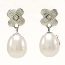 Load image into Gallery viewer, 14k White Gold X-Design Diamond &amp; White Cultured Pearl Dangle Stud Earrings