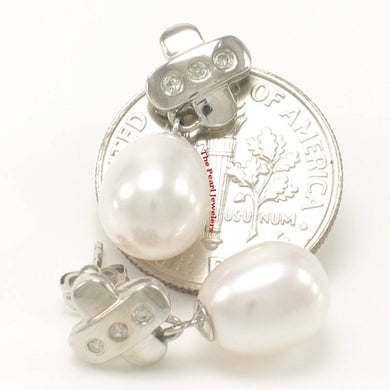 14k White Gold X-Design Diamond & White Cultured Pearl Dangle Stud Earrings