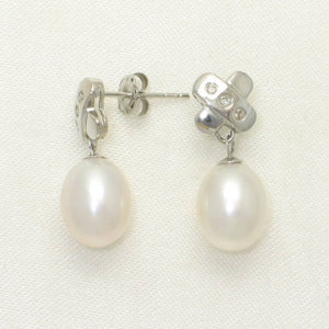 14k White Gold X-Design Diamond & White Cultured Pearl Dangle Stud Earrings