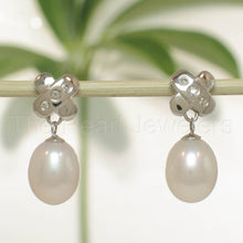 Load image into Gallery viewer, 14k White Gold X-Design Diamond &amp; White Cultured Pearl Dangle Stud Earrings