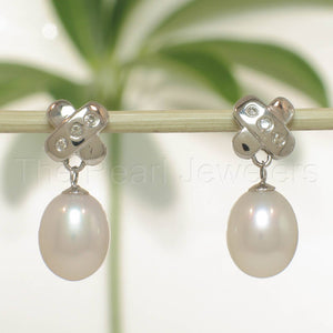14k White Gold X-Design Diamond & White Cultured Pearl Dangle Stud Earrings