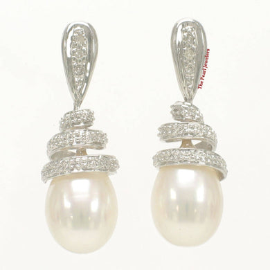 14k White Gold Diamond & White Pearl Dangle Stud Earrings