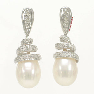 14k White Gold Diamond & White Pearl Dangle Stud Earrings