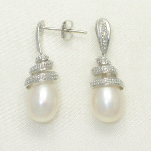 14k White Gold Diamond & White Pearl Dangle Stud Earrings