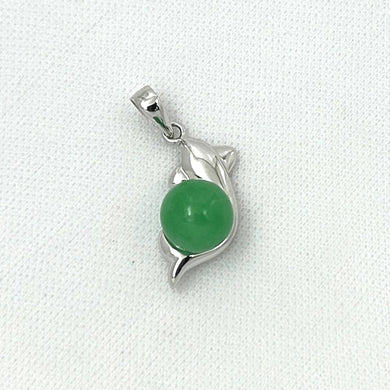 14k White Gold Dolphin Design Green Jade Pendant Necklace