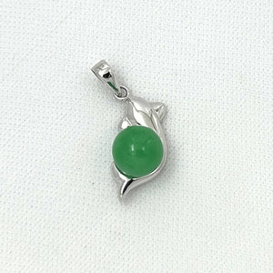 14k White Gold Dolphin Design Green Jade Pendant Necklace