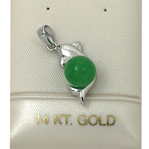 14k White Gold Dolphin Design Green Jade Pendant Necklace