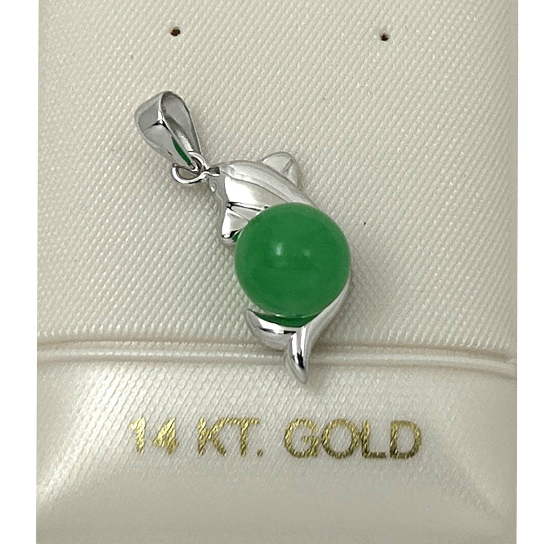 14k White Gold Dolphin Design Green Jade Pendant Necklace