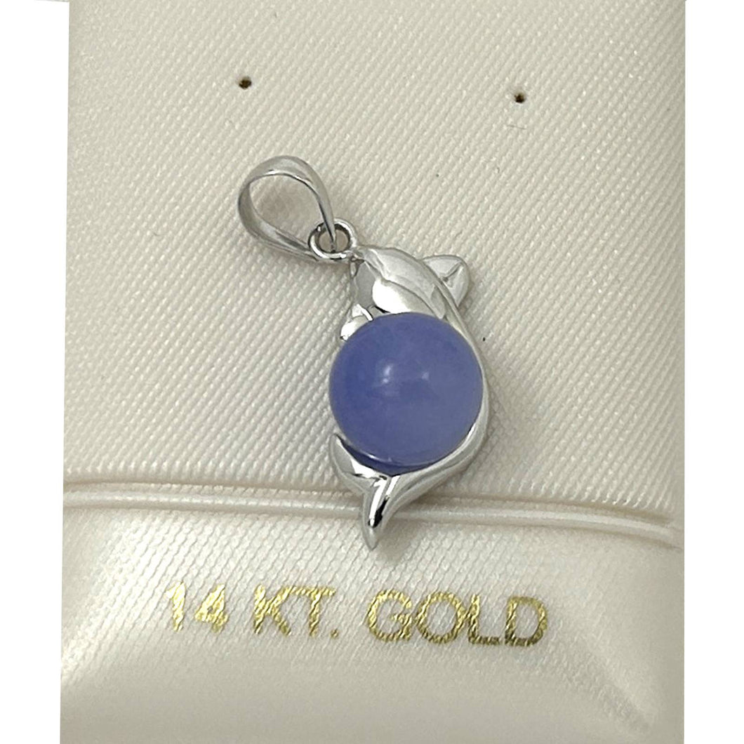 14k White Gold Dolphin Design Lavender Jade Pendant Necklace
