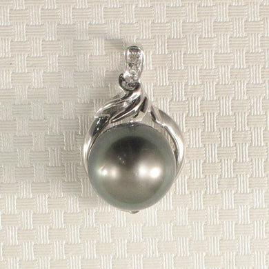 14k White Gold Feather Black Tahitian Pearl Pendant
