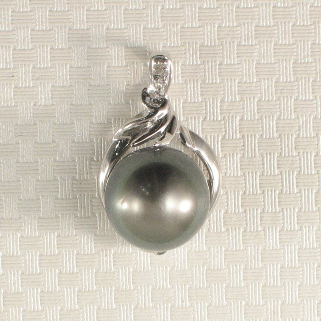 14k White Gold Feather Black Tahitian Pearl Pendant