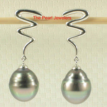 Load image into Gallery viewer, 14k White Gold Gourd Design Black Tahitian Pearl Dangle Earrings