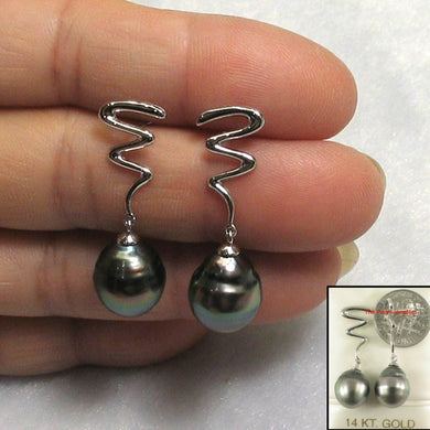 14k White Gold Gourd Design Black Tahitian Pearl Dangle Earrings