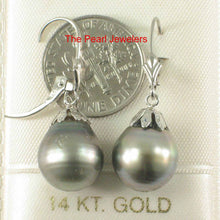 Load image into Gallery viewer, 14k White Gold Gray Green Tahitian Pearl Leverback Dangle Earrings
