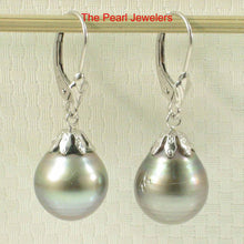 Load image into Gallery viewer, 14k White Gold Gray Green Tahitian Pearl Leverback Dangle Earrings