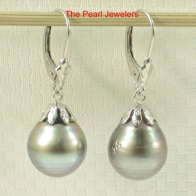 14k White Gold Gray Green Tahitian Pearl Leverback Dangle Earrings