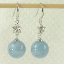 Load image into Gallery viewer, 14k Solid White Gold Hawaiian Plumeria 10mm Bead Blue Aquamarine Hook Earrings