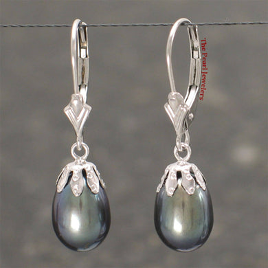 14k White Gold Leverback Cups Black Pearl Dangle Earrings