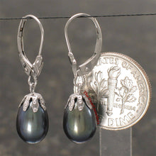 Load image into Gallery viewer, 14k White Gold Leverback Cups Black Pearl Dangle Earrings