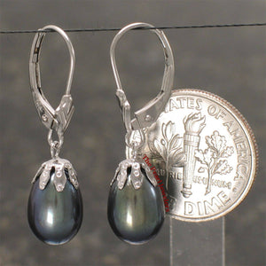 14k White Gold Leverback Cups Black Pearl Dangle Earrings