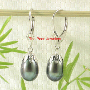 14k White Gold Leverback Cups Black Pearl Dangle Earrings