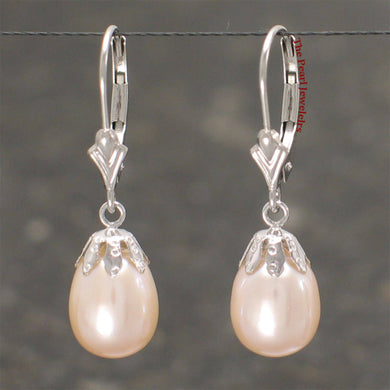 14k White Gold Leverback Cups Pink Pearl Dangle Earrings