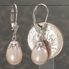 Load image into Gallery viewer, 14k White Gold Leverback Cups Pink Pearl Dangle Earrings