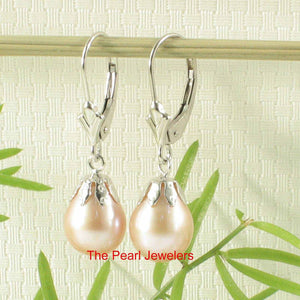 14k White Gold Leverback Cups Pink Pearl Dangle Earrings