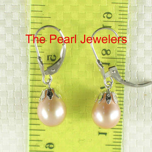 14k White Gold Leverback Cups Pink Pearl Dangle Earrings